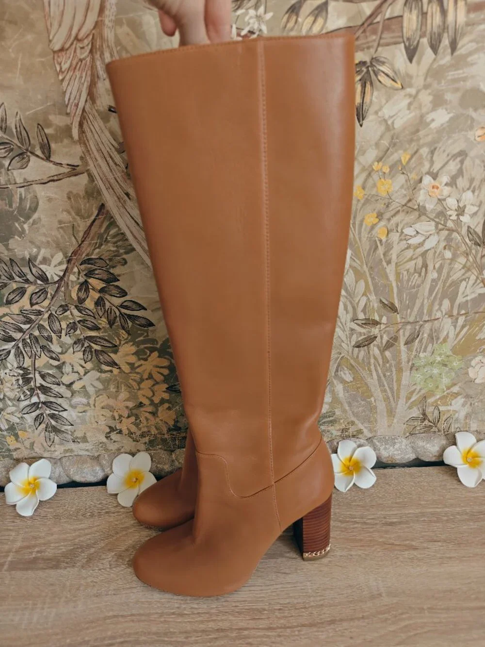 MICHAEL Michael Kors Sabrina Tan Leather Chain Heel Knee High Boots Sz 5.5
